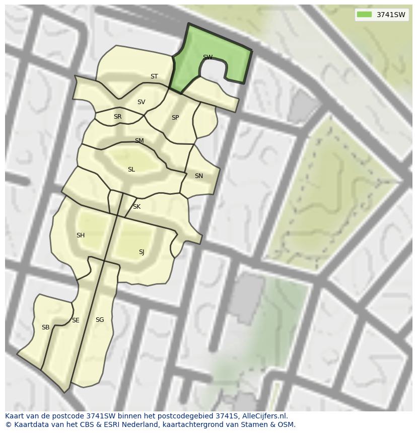 Afbeelding van het postcodegebied 3741 SW op de kaart.