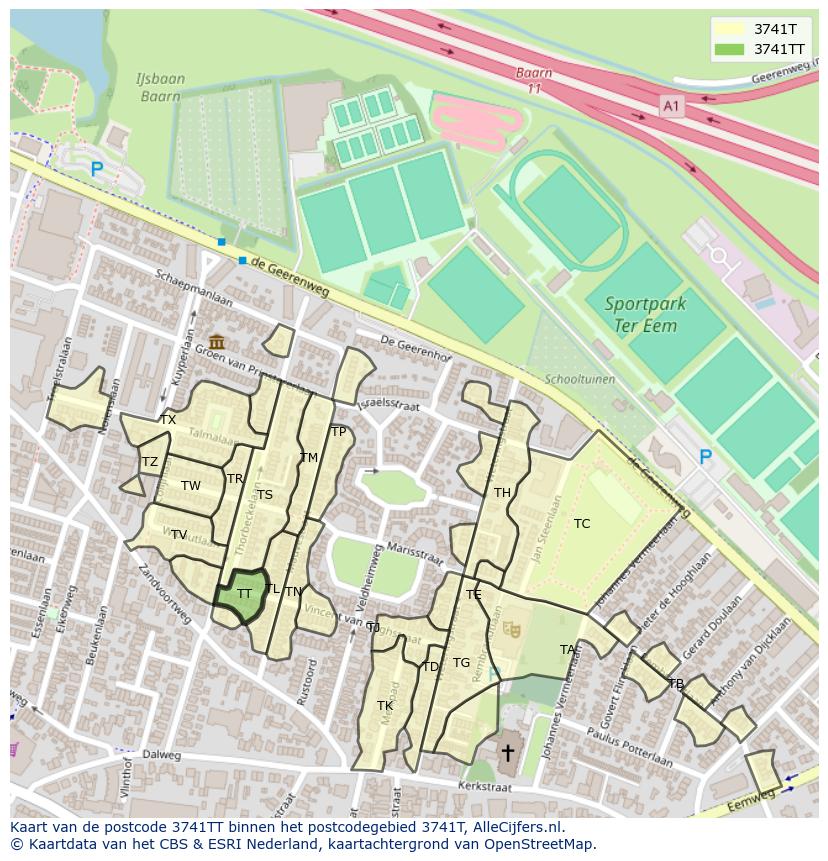 Afbeelding van het postcodegebied 3741 TT op de kaart.