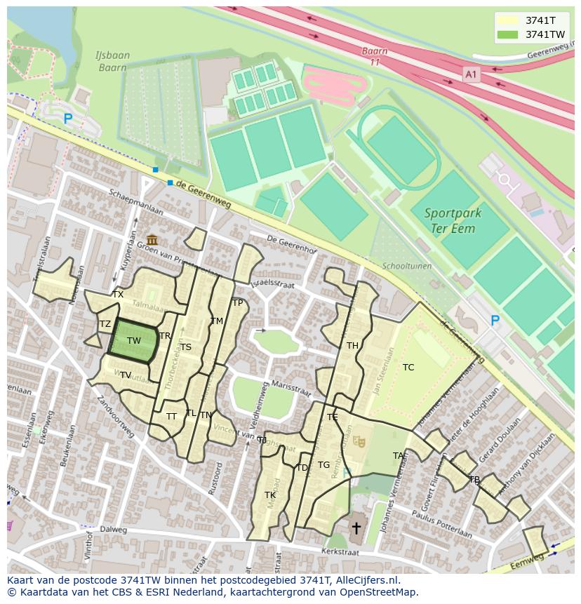 Afbeelding van het postcodegebied 3741 TW op de kaart.