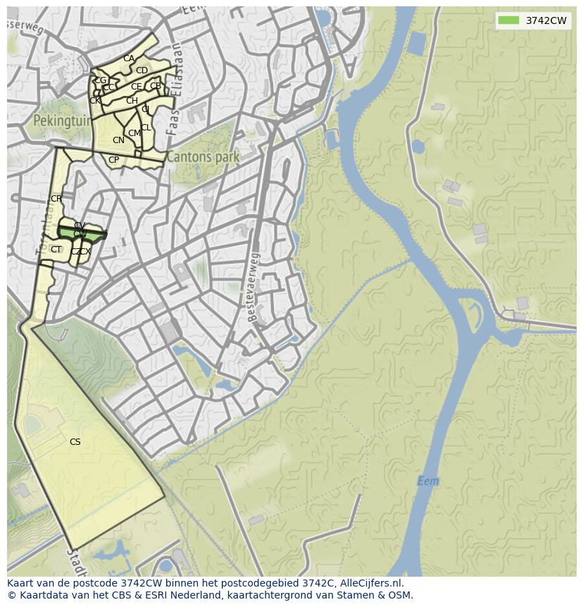 Afbeelding van het postcodegebied 3742 CW op de kaart.