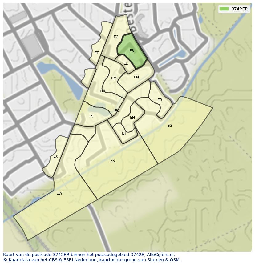 Afbeelding van het postcodegebied 3742 ER op de kaart.