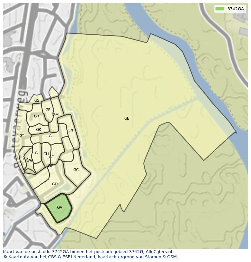 Afbeelding van het postcodegebied 3742 GA op de kaart.