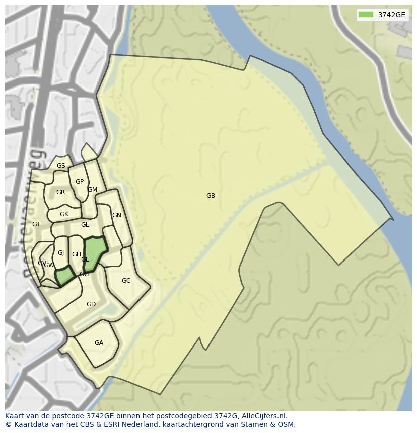 Afbeelding van het postcodegebied 3742 GE op de kaart.