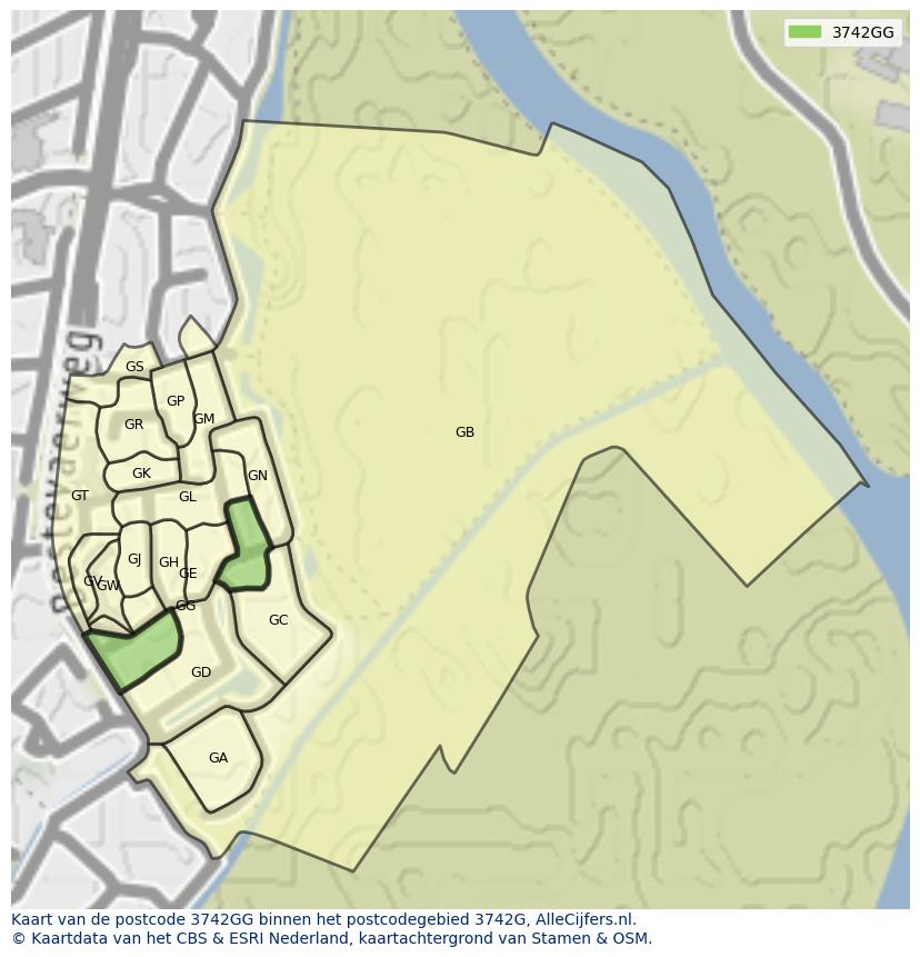 Afbeelding van het postcodegebied 3742 GG op de kaart.