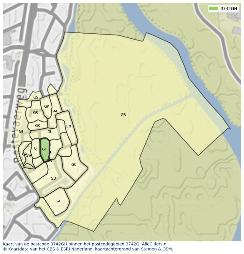 Afbeelding van het postcodegebied 3742 GH op de kaart.