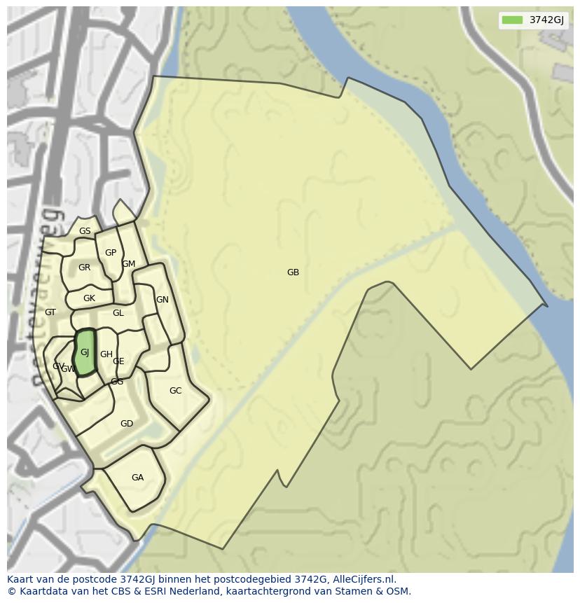 Afbeelding van het postcodegebied 3742 GJ op de kaart.