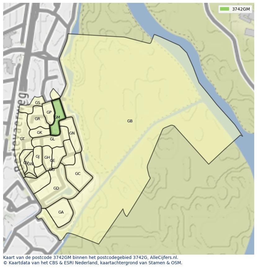 Afbeelding van het postcodegebied 3742 GM op de kaart.