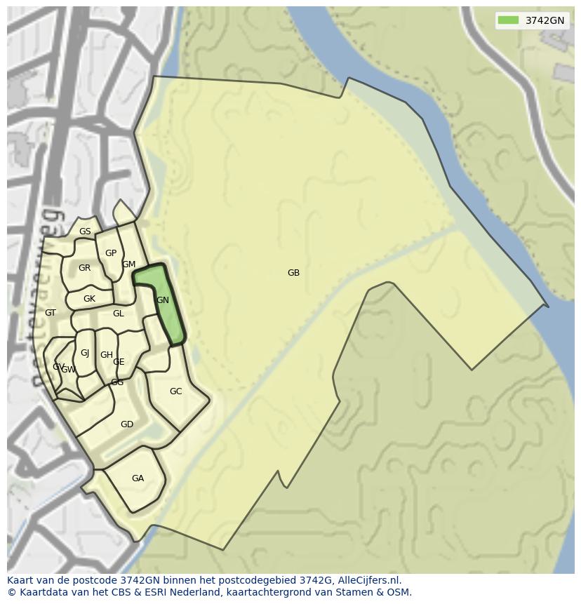 Afbeelding van het postcodegebied 3742 GN op de kaart.