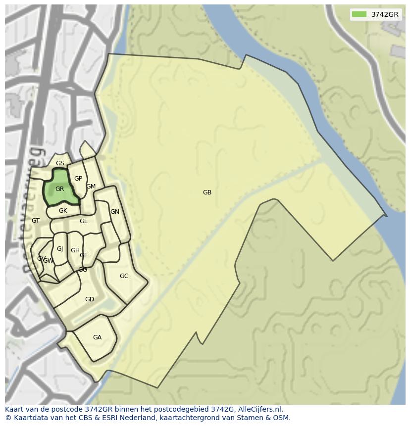 Afbeelding van het postcodegebied 3742 GR op de kaart.