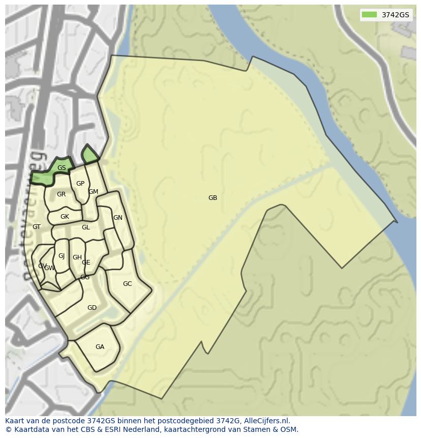 Afbeelding van het postcodegebied 3742 GS op de kaart.