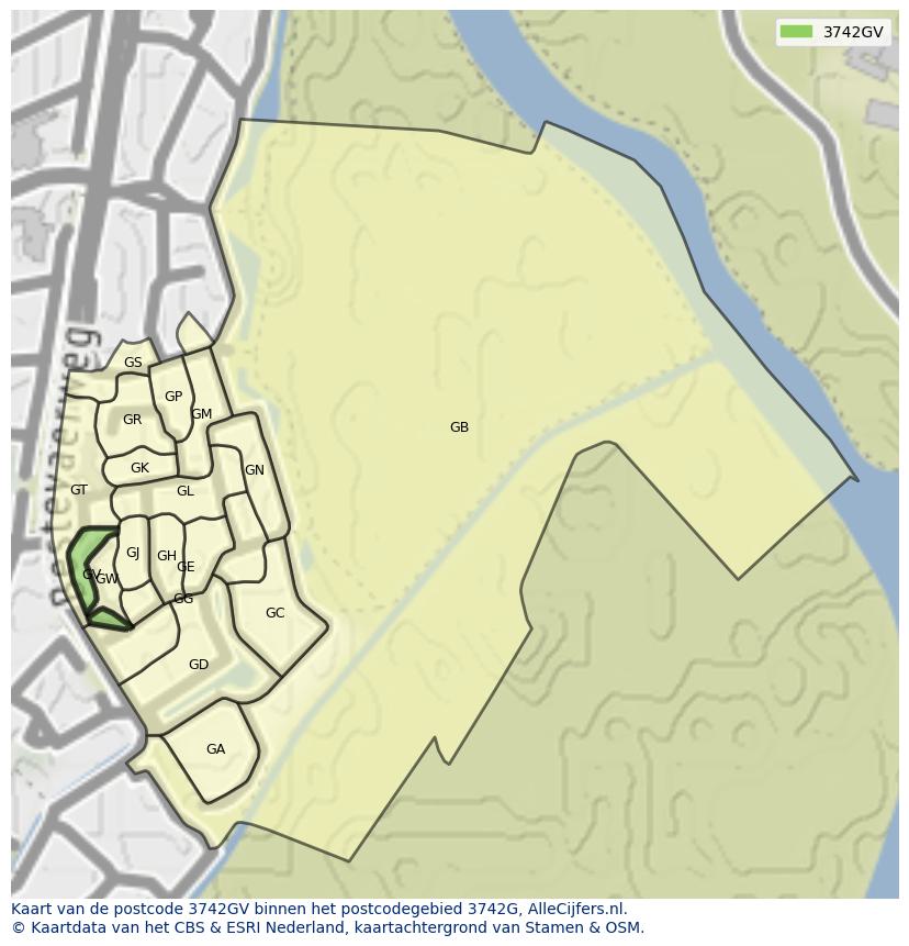 Afbeelding van het postcodegebied 3742 GV op de kaart.