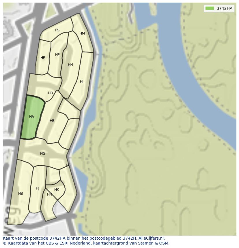 Afbeelding van het postcodegebied 3742 HA op de kaart.