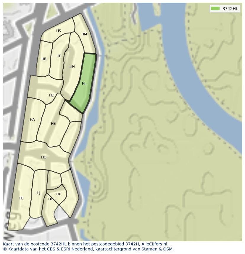 Afbeelding van het postcodegebied 3742 HL op de kaart.