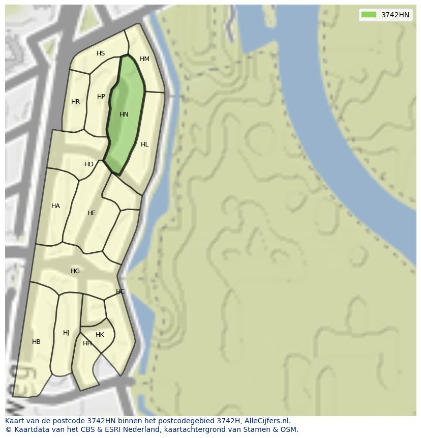 Afbeelding van het postcodegebied 3742 HN op de kaart.