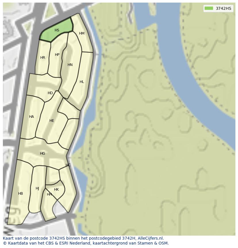 Afbeelding van het postcodegebied 3742 HS op de kaart.