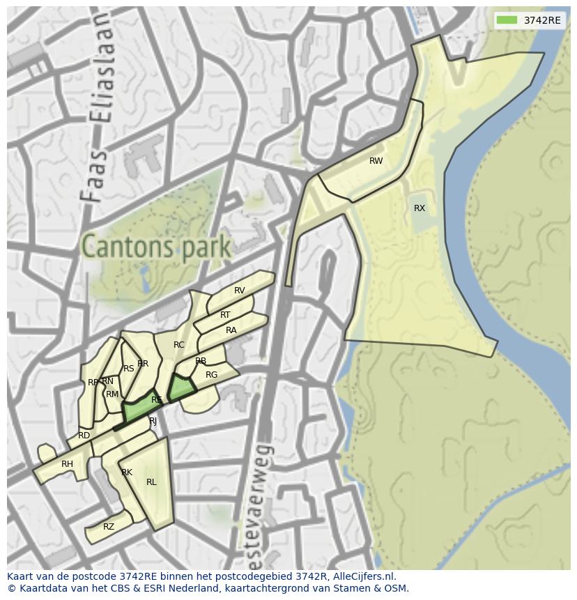Afbeelding van het postcodegebied 3742 RE op de kaart.