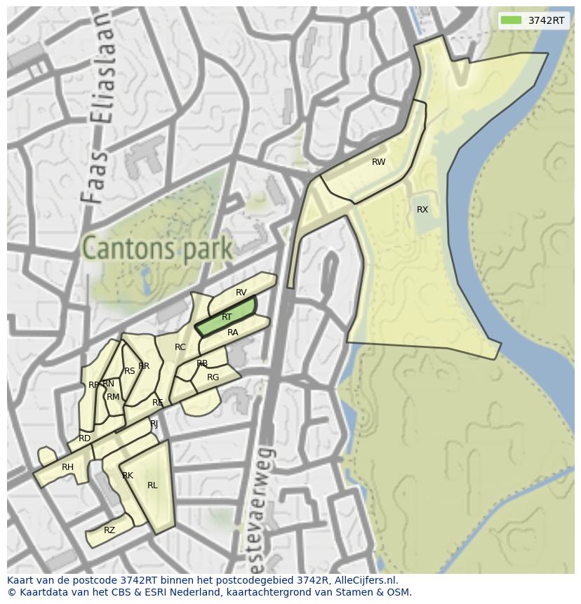 Afbeelding van het postcodegebied 3742 RT op de kaart.
