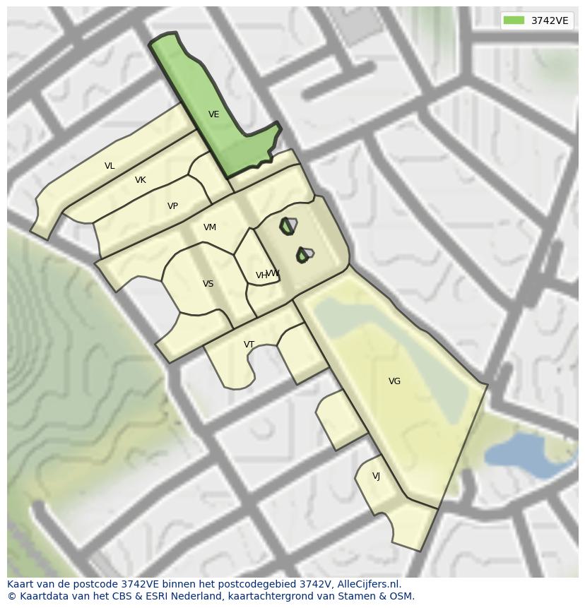 Afbeelding van het postcodegebied 3742 VE op de kaart.