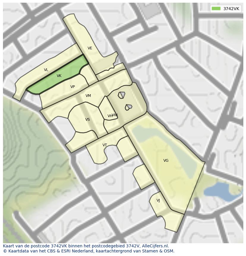 Afbeelding van het postcodegebied 3742 VK op de kaart.