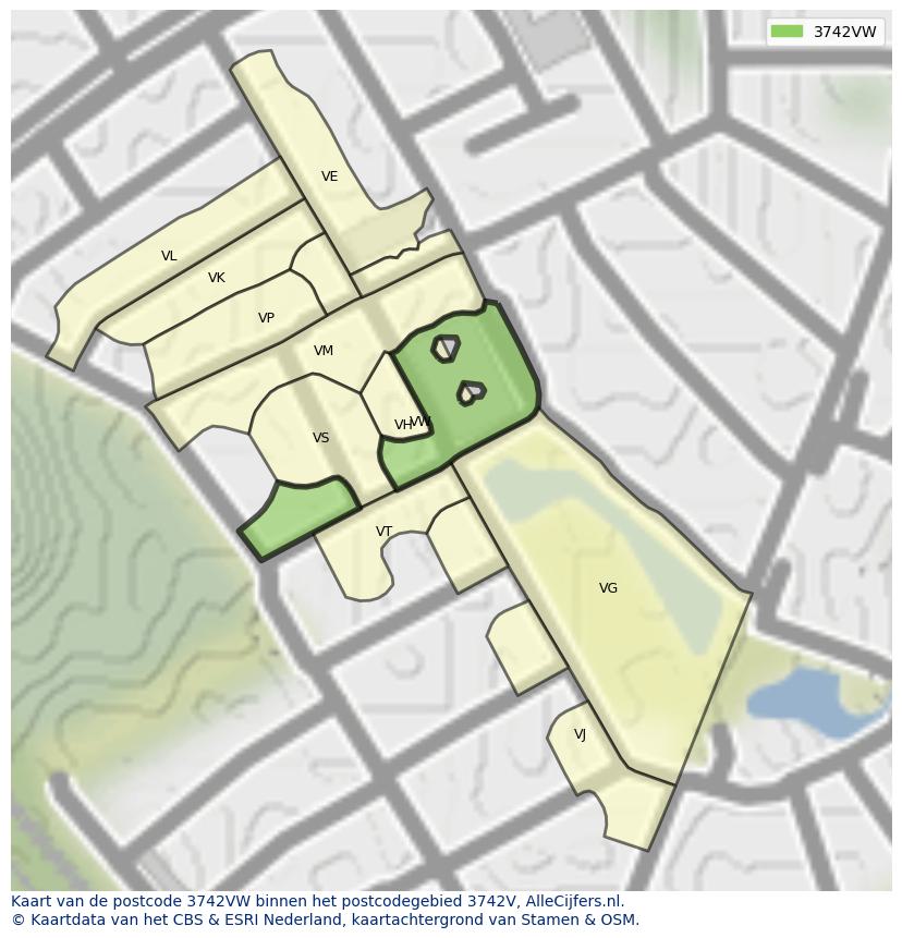 Afbeelding van het postcodegebied 3742 VW op de kaart.