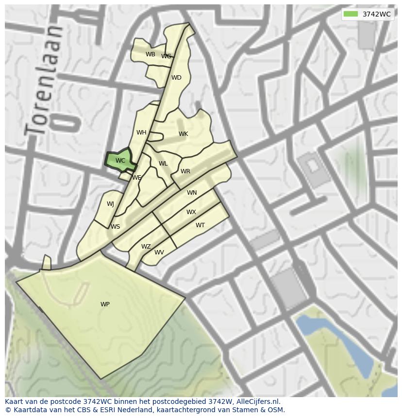 Afbeelding van het postcodegebied 3742 WC op de kaart.
