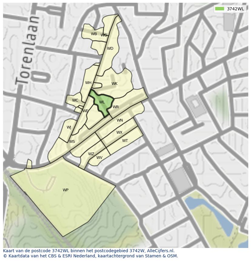 Afbeelding van het postcodegebied 3742 WL op de kaart.