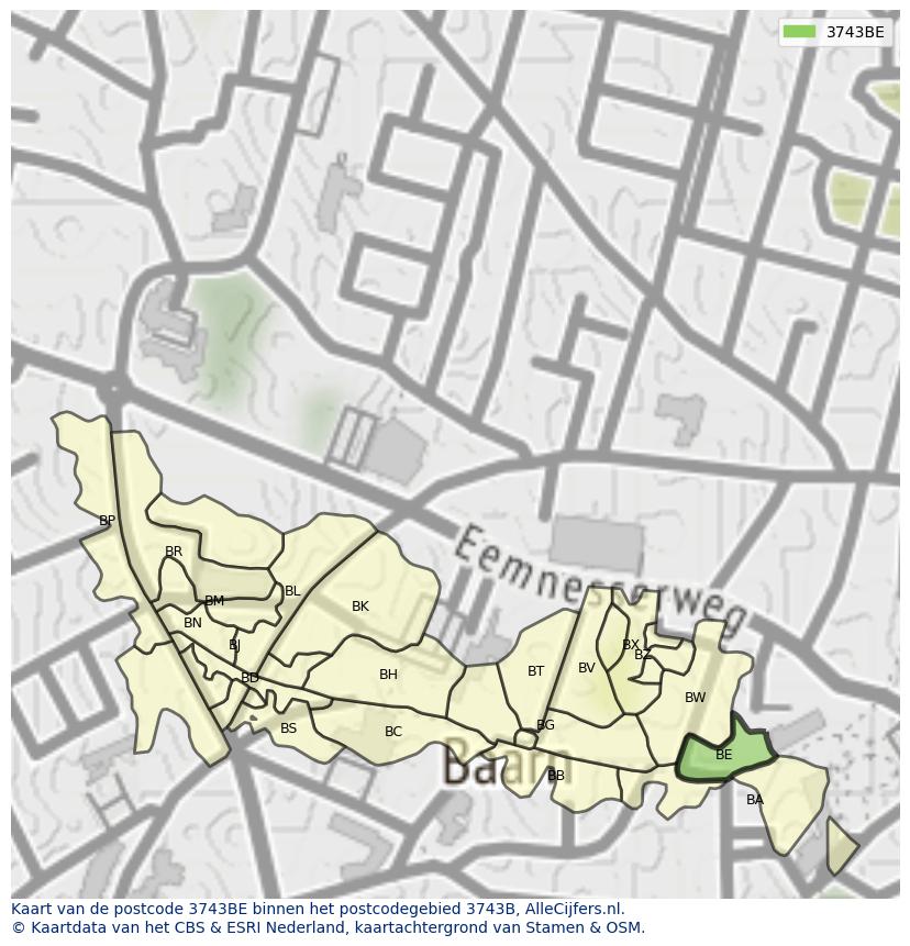 Afbeelding van het postcodegebied 3743 BE op de kaart.