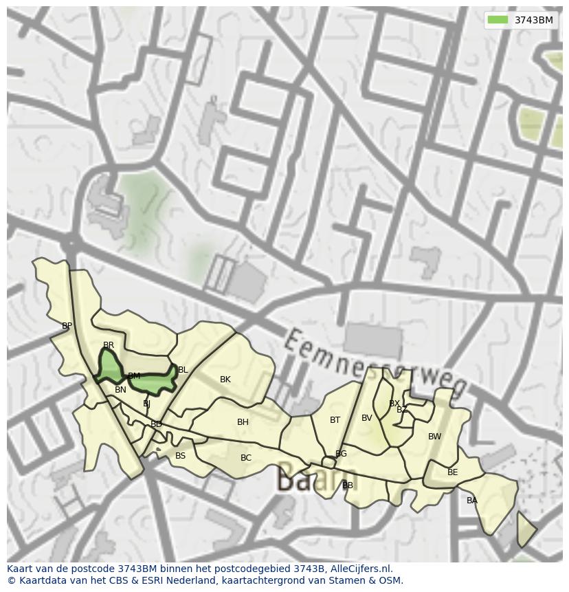 Afbeelding van het postcodegebied 3743 BM op de kaart.