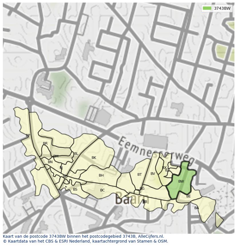 Afbeelding van het postcodegebied 3743 BW op de kaart.