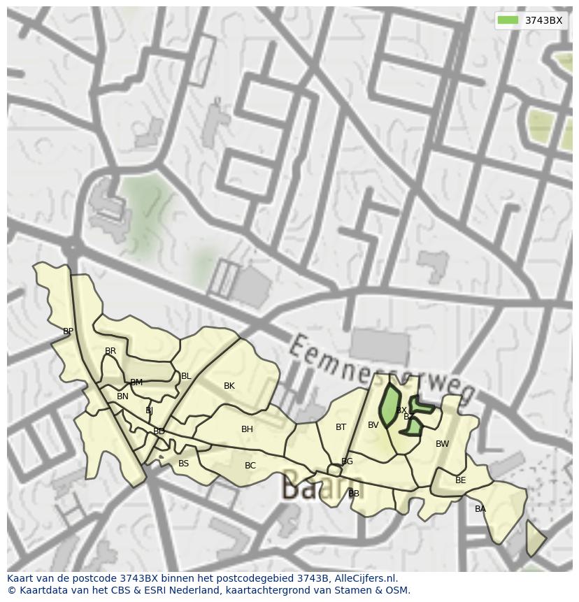 Afbeelding van het postcodegebied 3743 BX op de kaart.