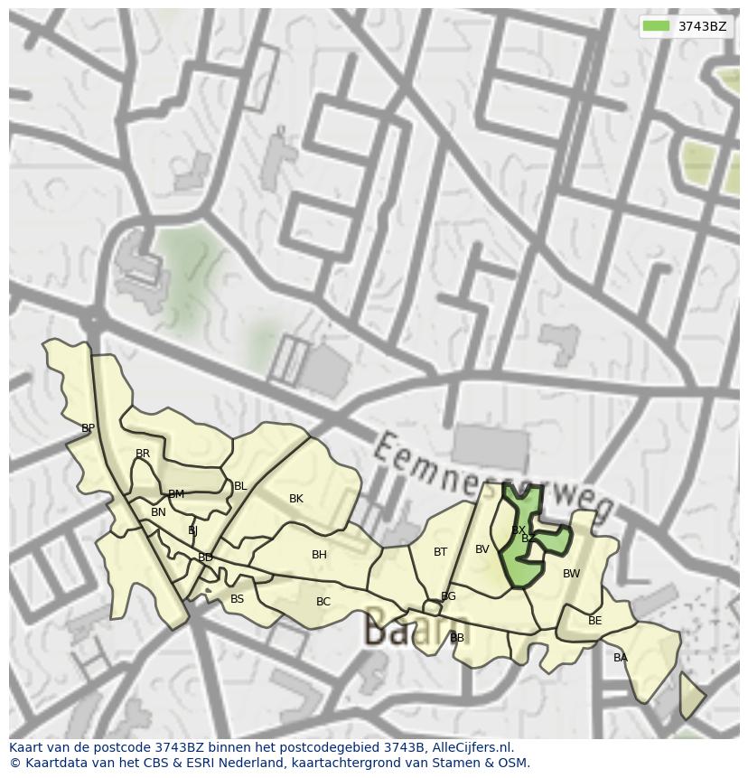 Afbeelding van het postcodegebied 3743 BZ op de kaart.