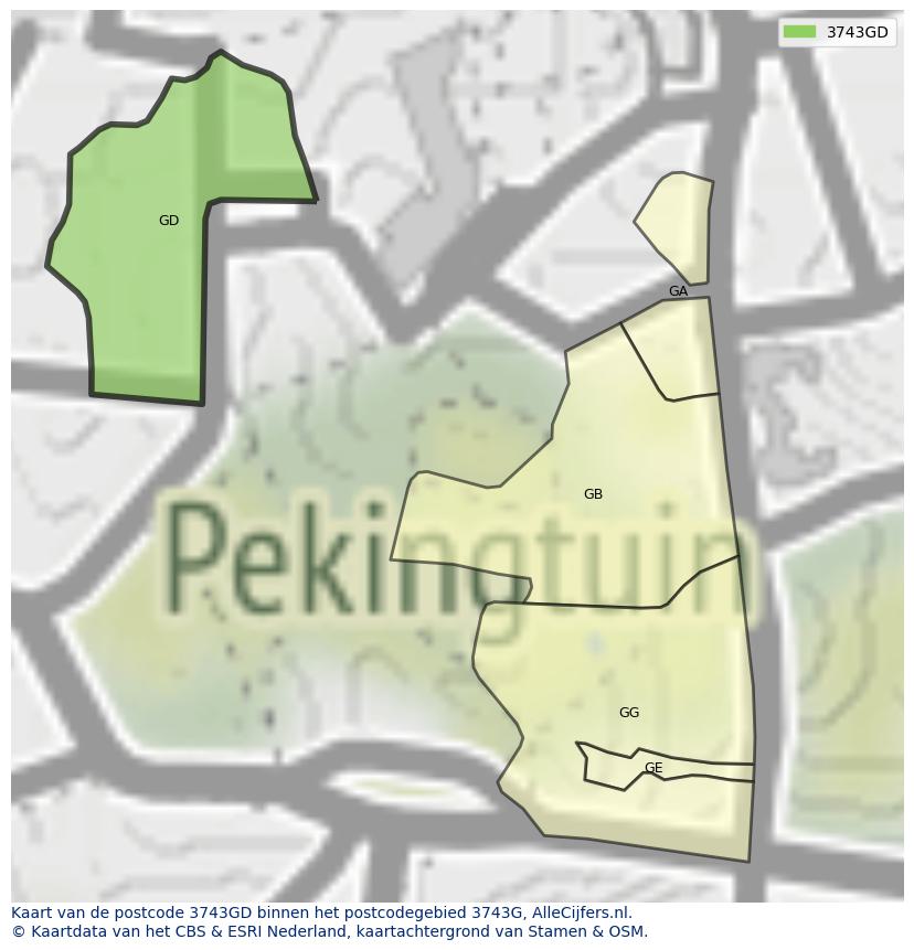 Afbeelding van het postcodegebied 3743 GD op de kaart.