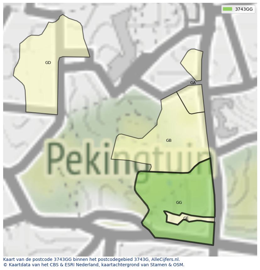 Afbeelding van het postcodegebied 3743 GG op de kaart.