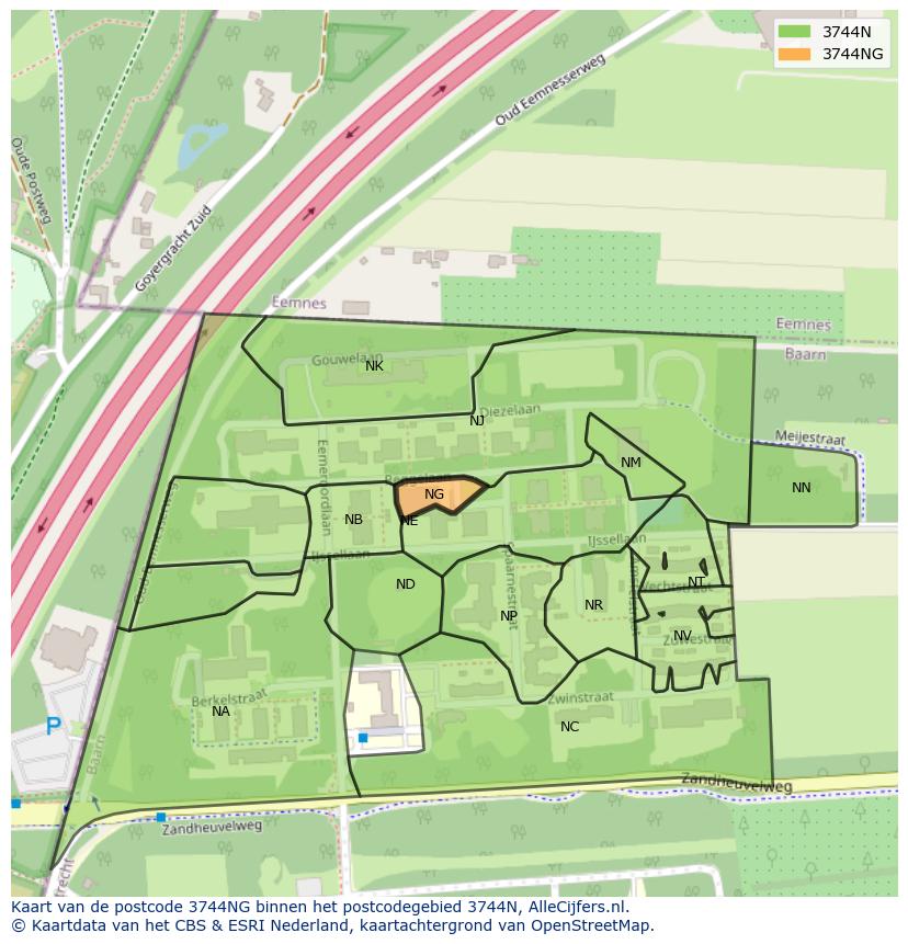 Afbeelding van het postcodegebied 3744 NG op de kaart.