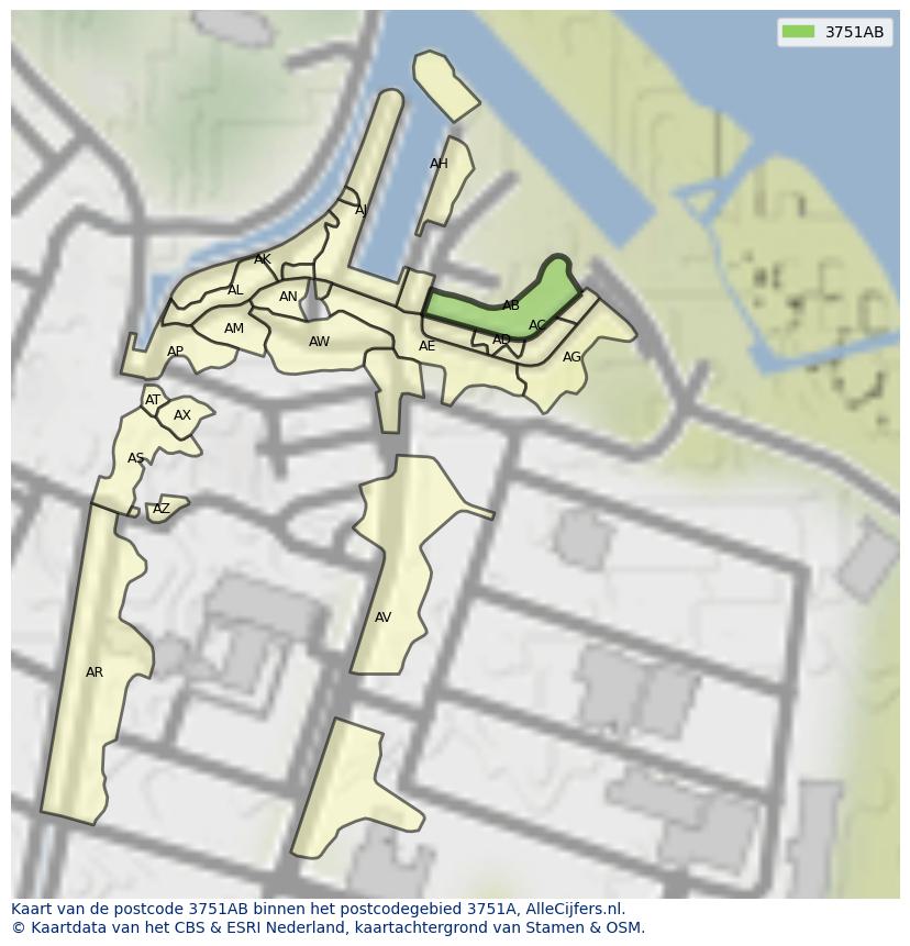 Afbeelding van het postcodegebied 3751 AB op de kaart.