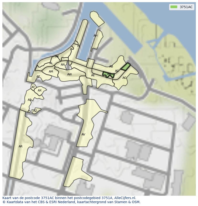 Afbeelding van het postcodegebied 3751 AC op de kaart.