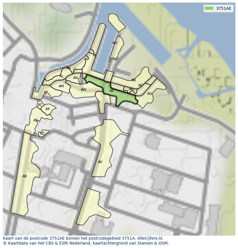 Afbeelding van het postcodegebied 3751 AE op de kaart.