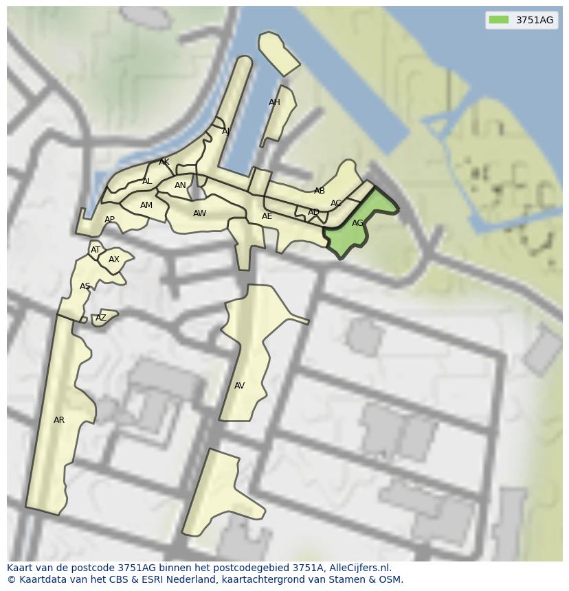 Afbeelding van het postcodegebied 3751 AG op de kaart.