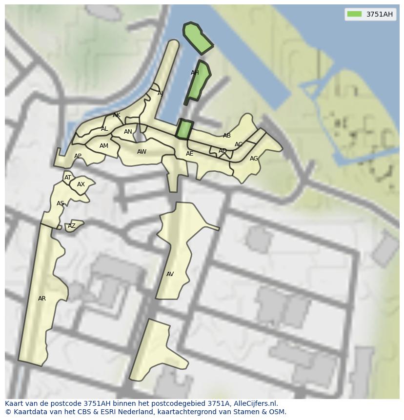 Afbeelding van het postcodegebied 3751 AH op de kaart.