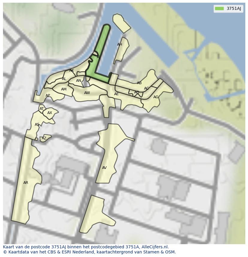 Afbeelding van het postcodegebied 3751 AJ op de kaart.