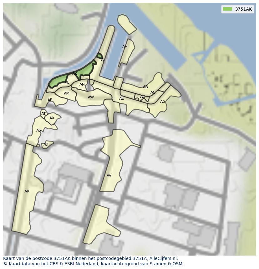 Afbeelding van het postcodegebied 3751 AK op de kaart.