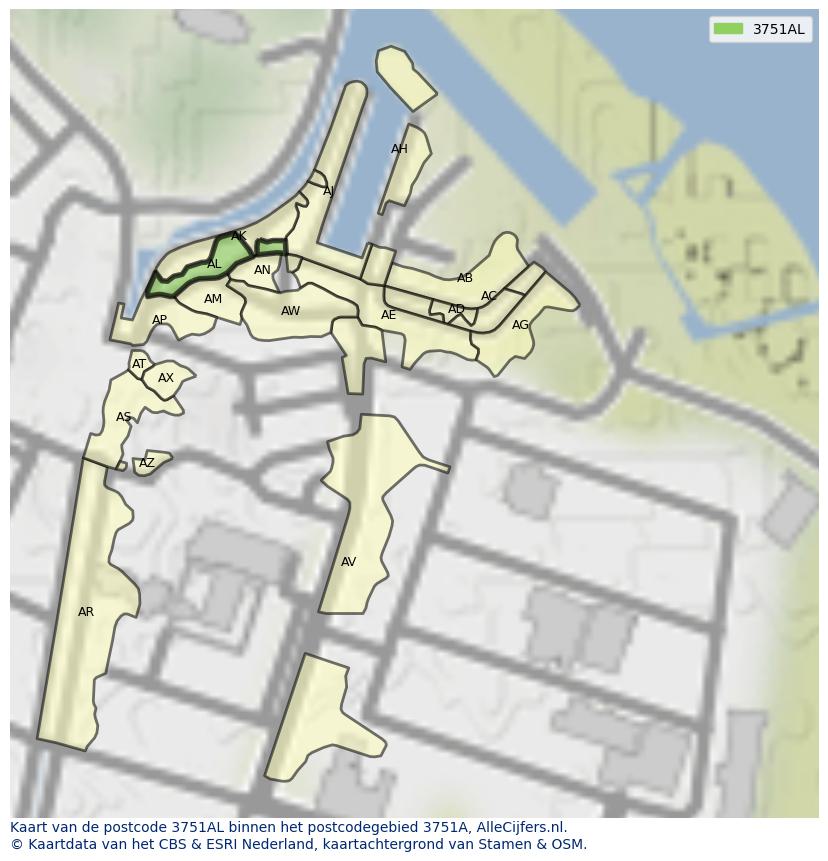 Afbeelding van het postcodegebied 3751 AL op de kaart.