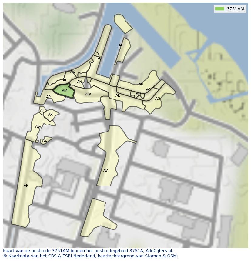 Afbeelding van het postcodegebied 3751 AM op de kaart.