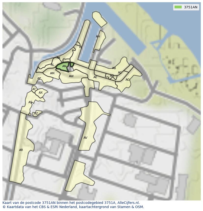 Afbeelding van het postcodegebied 3751 AN op de kaart.