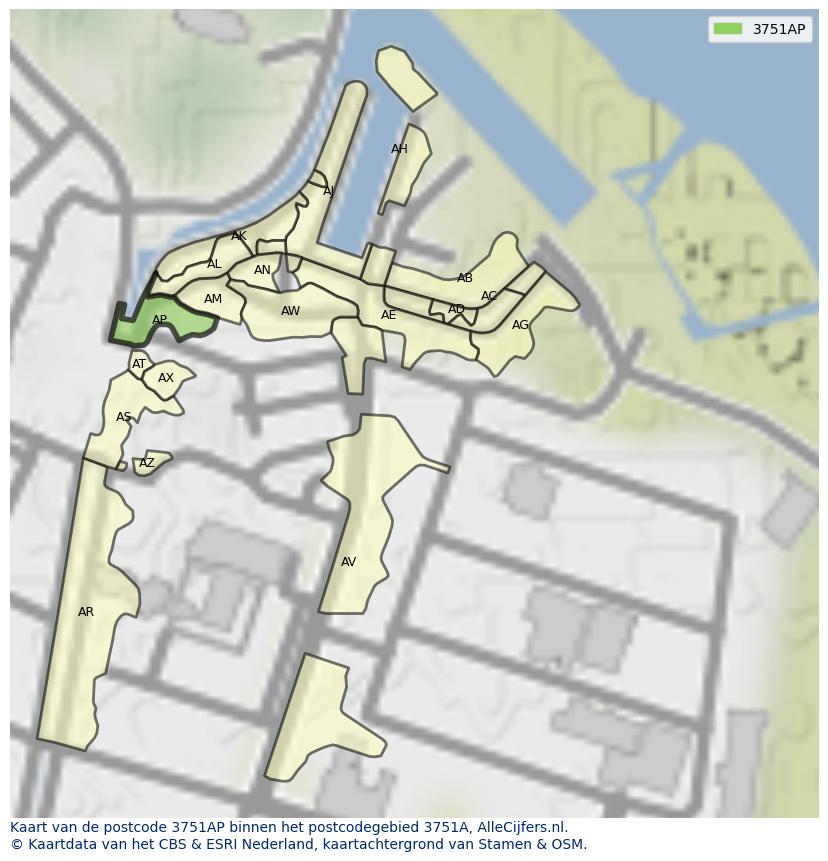 Afbeelding van het postcodegebied 3751 AP op de kaart.