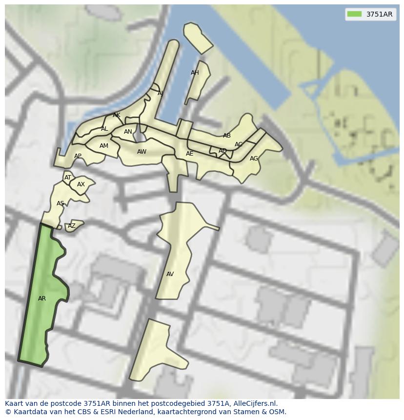 Afbeelding van het postcodegebied 3751 AR op de kaart.