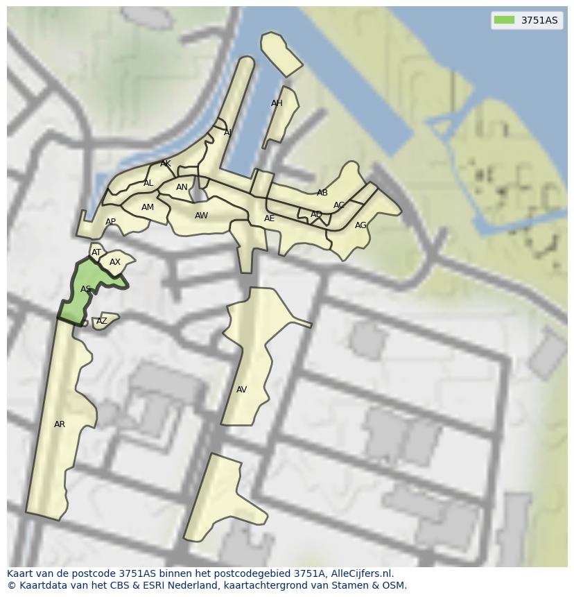 Afbeelding van het postcodegebied 3751 AS op de kaart.