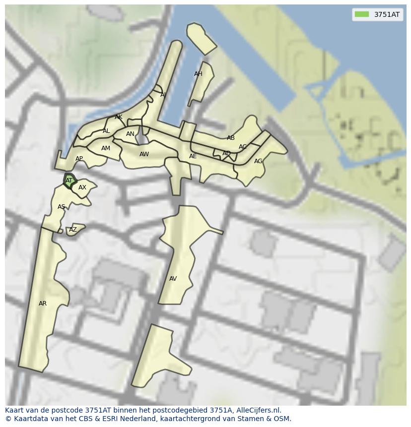 Afbeelding van het postcodegebied 3751 AT op de kaart.