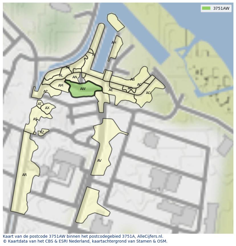 Afbeelding van het postcodegebied 3751 AW op de kaart.