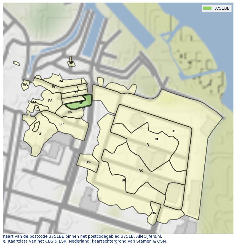 Afbeelding van het postcodegebied 3751 BE op de kaart.